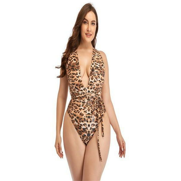 Go Deeper Leopard Print One Piece Swimsuit (TAN) - prospeakforathletes